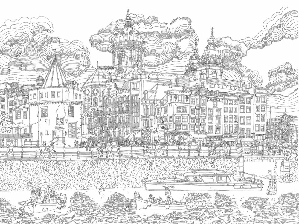 drawing-poster-lines-amsterdam-water-clouds