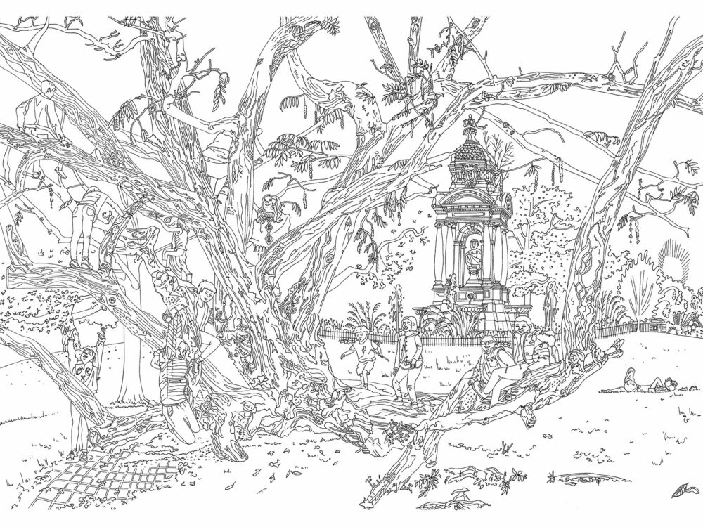 line drawing with trees and children