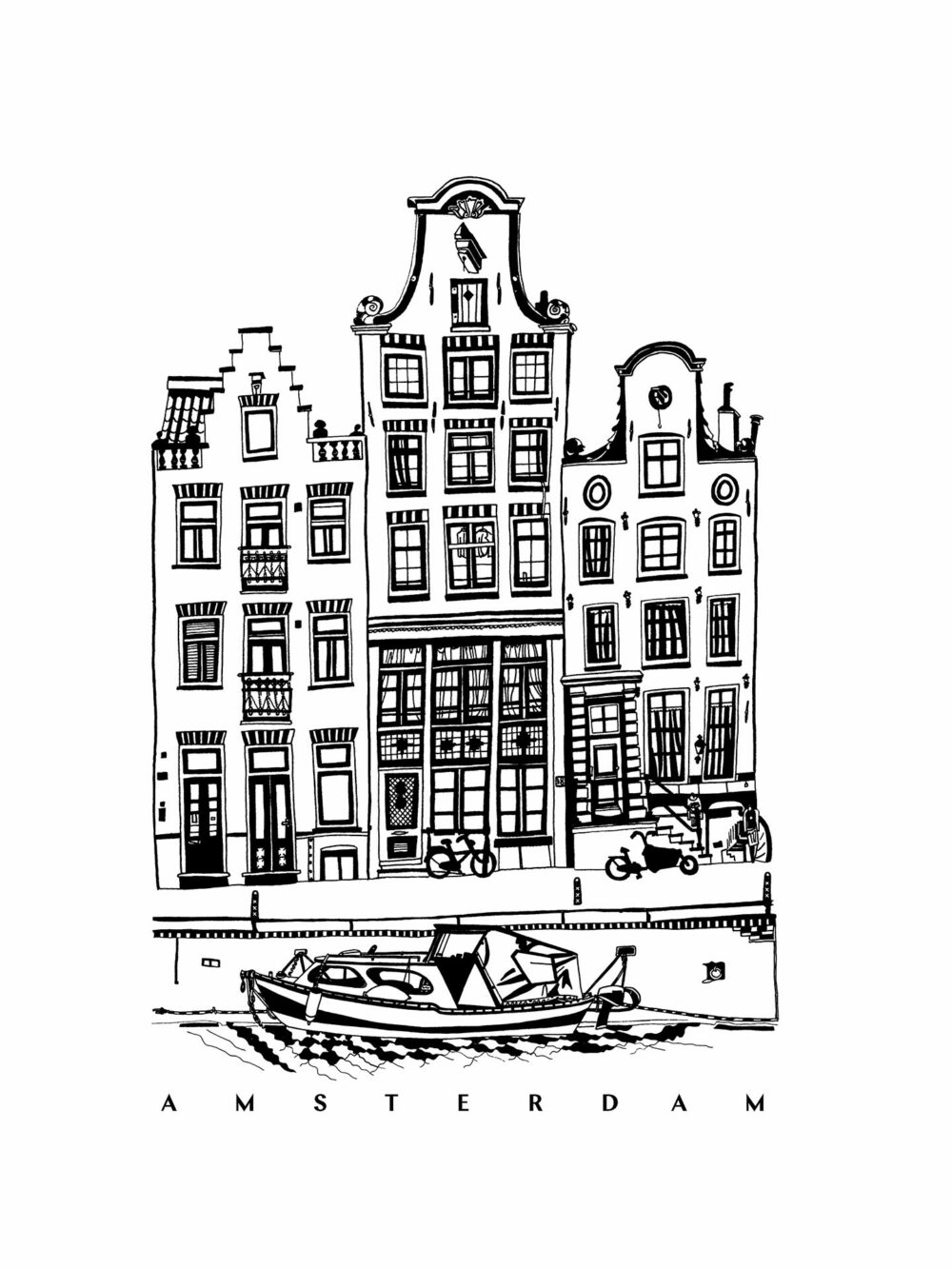 canalhouses-amsterdam-boat-blackandwhite-drawing