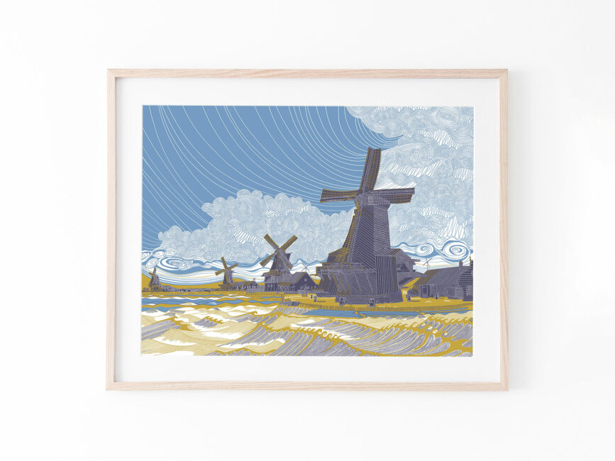 screenprint-windmills-clouds-waves-zaanseschans-colour
