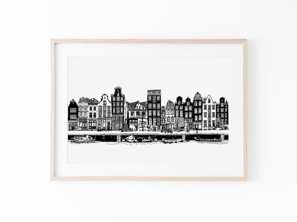 print-drawing-blackandwhite-canalhouses-amsterdam