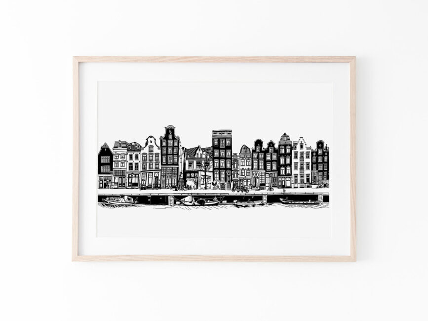 print-drawing-blackandwhite-canalhouses-amsterdam